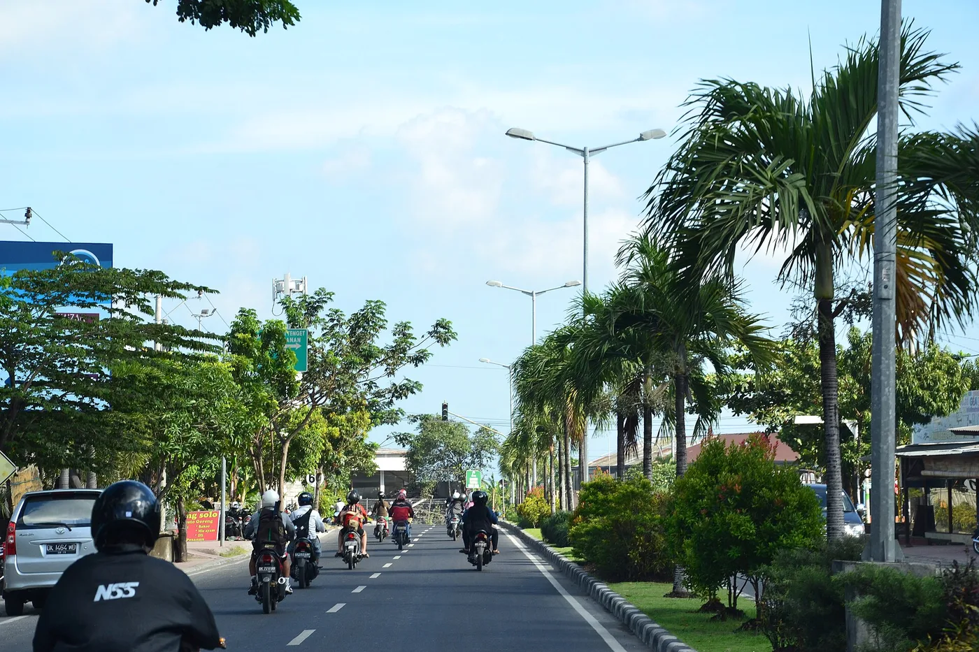 A line of scooter riders heading down a palm-lined Bali road