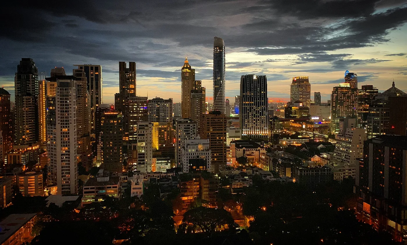 The modern Bangkok skyline over the Ratchadamri district at twilight