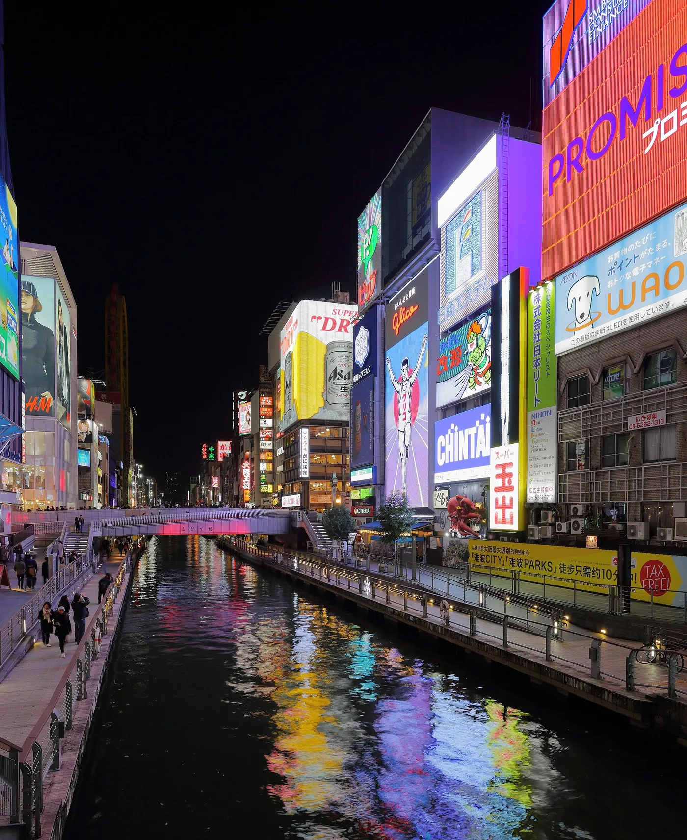 The Dotonbori canal at night, neon signs reflected in the water