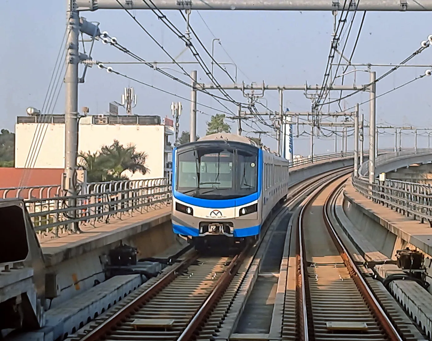 A Metro Line 1 train on the elevated viaduct in Ho Chi Minh City