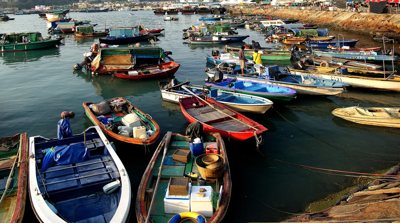 Colourful fishing boats moored in Cheung Chau harbour