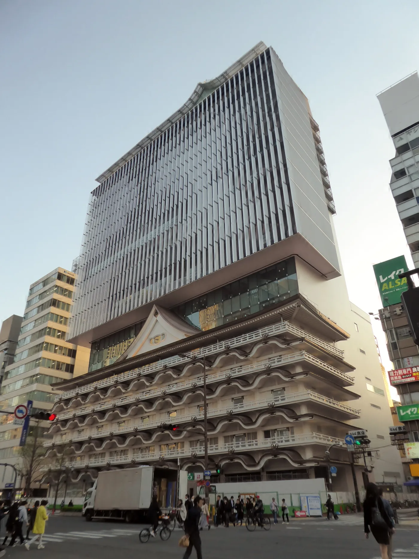 The exterior of Hotel Royal Classic Osaka — a glass tower above the old theatre-facade lower floors