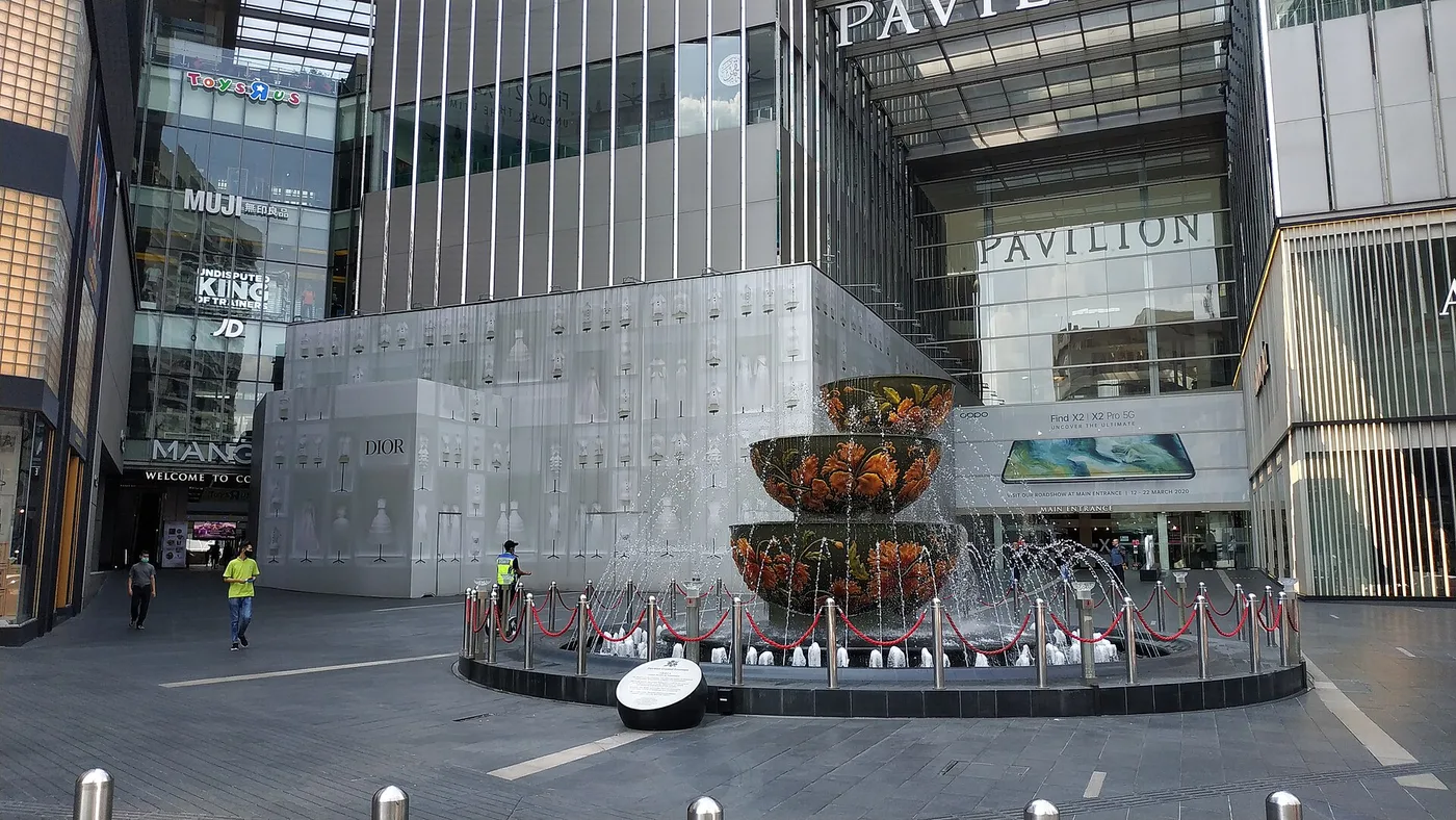 The crystal fountain and glass entrance of Pavilion mall on Bukit Bintang