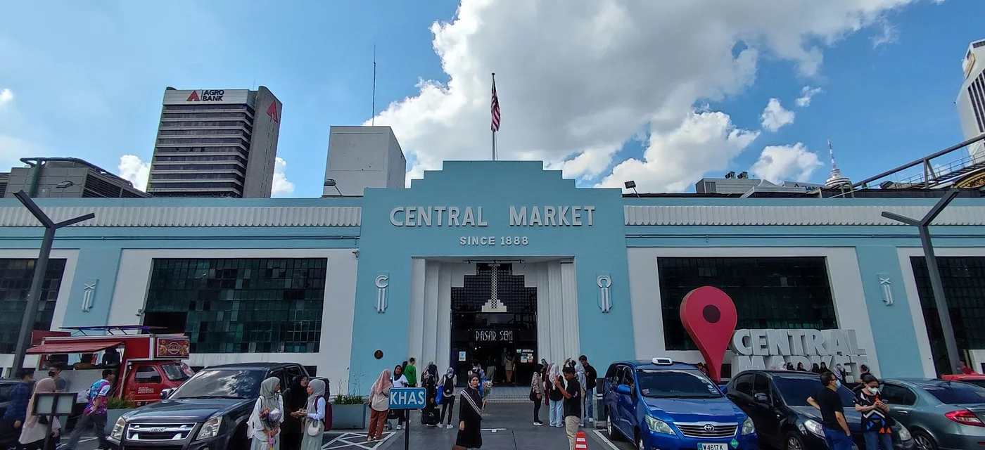 The pastel-blue Art Deco facade of Central Market, lettered 'Central Market since 1888'