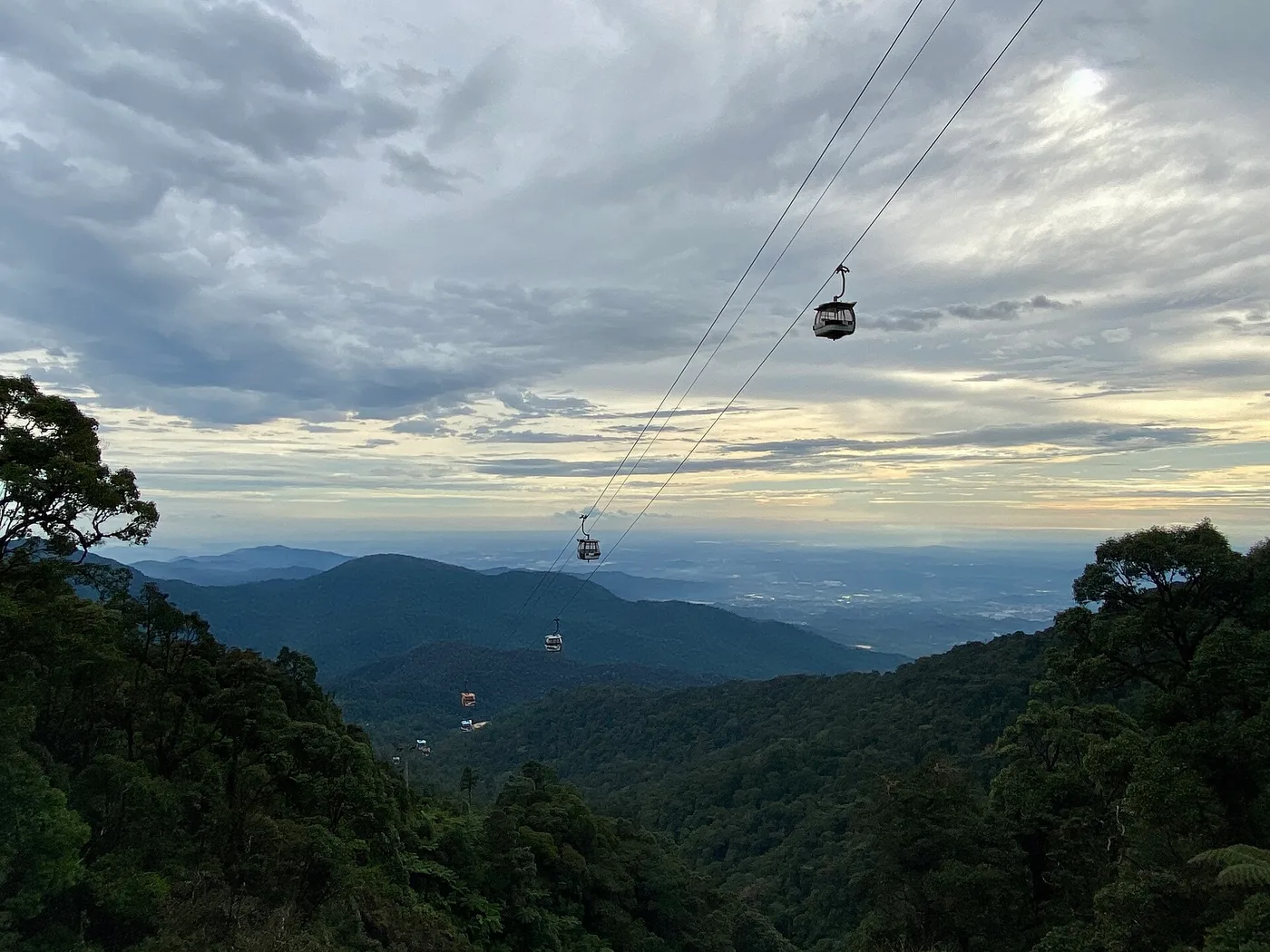 Cable-car gondolas on the Genting Skyway descending a forested mountainside