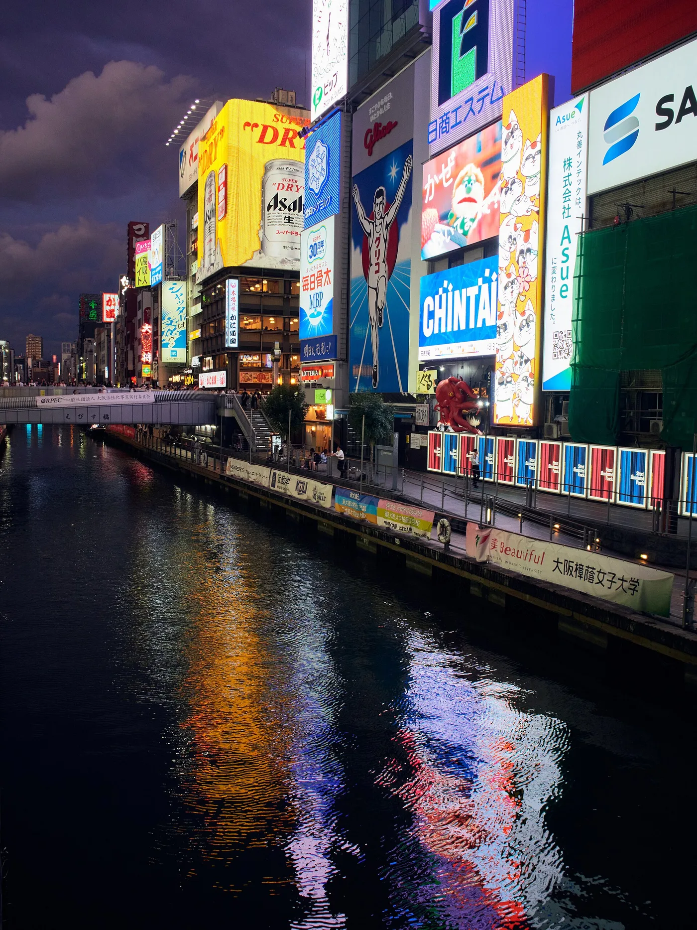 The Dotonbori canal at night with the Glico running-man sign