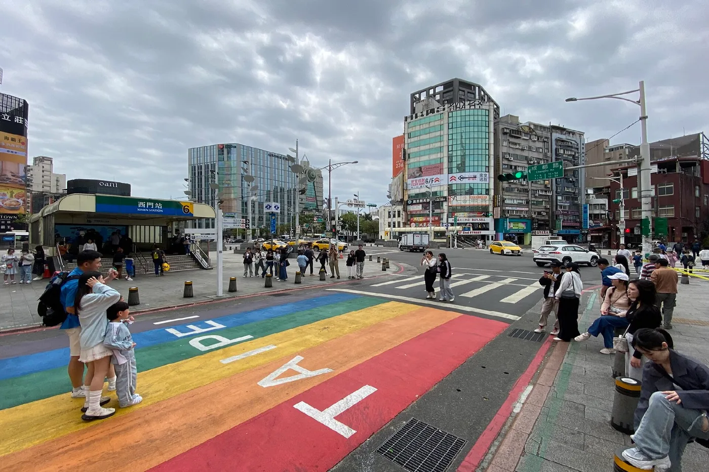 The rainbow pedestrian crossing outside Ximen MRT station in Ximending, Taipei