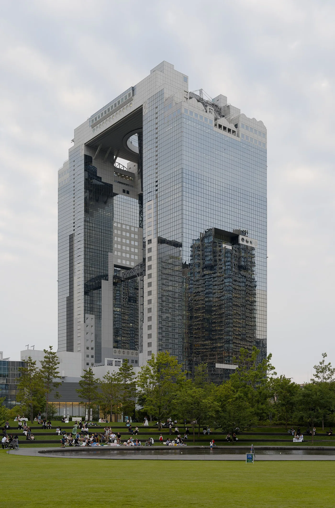 The Umeda Sky Building seen across the lawns of Umekita park